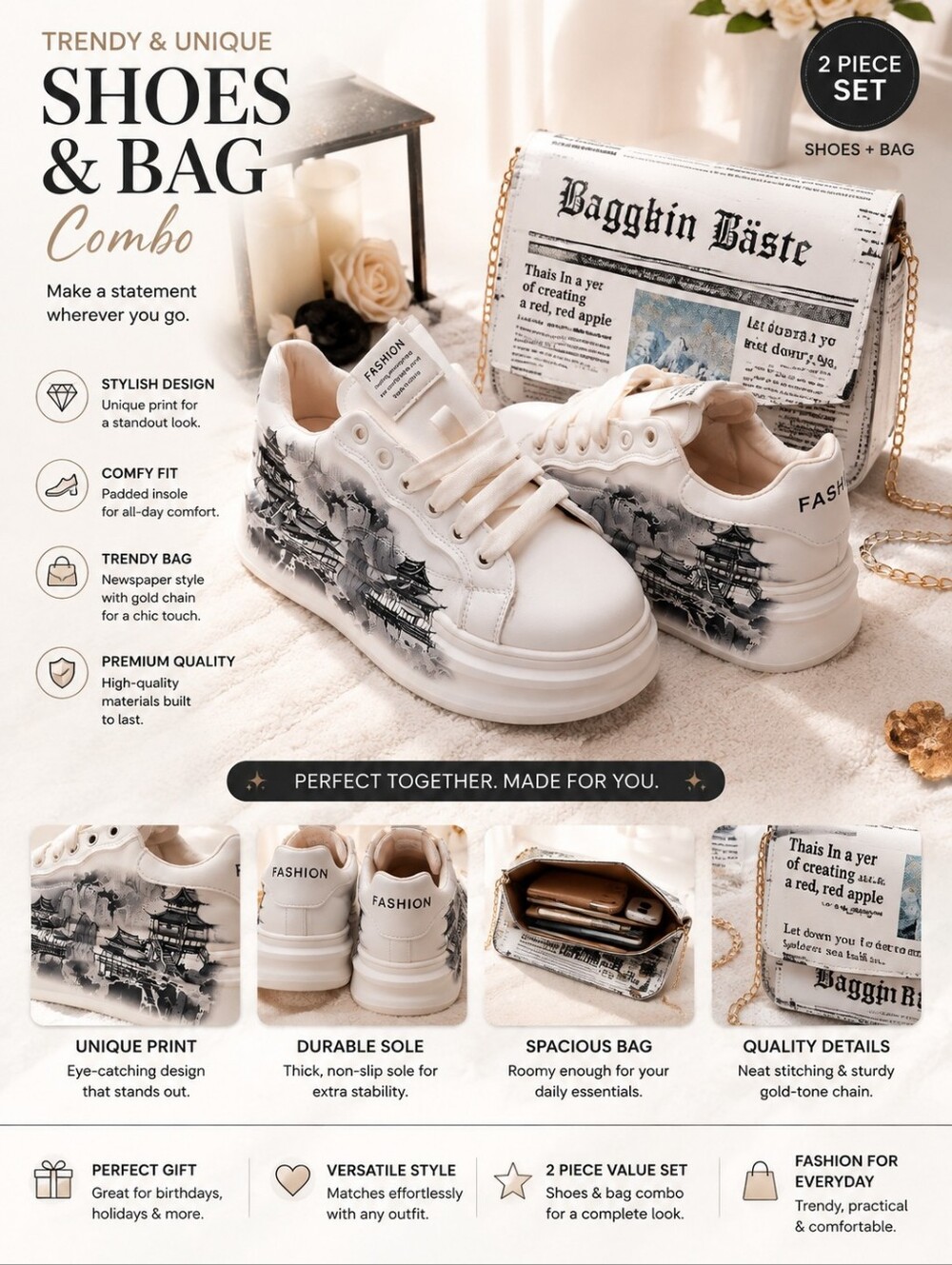 URBAN CHIC NEWSPAPER PRINT SET | SNEAKERS + CROSSBODY BAGS